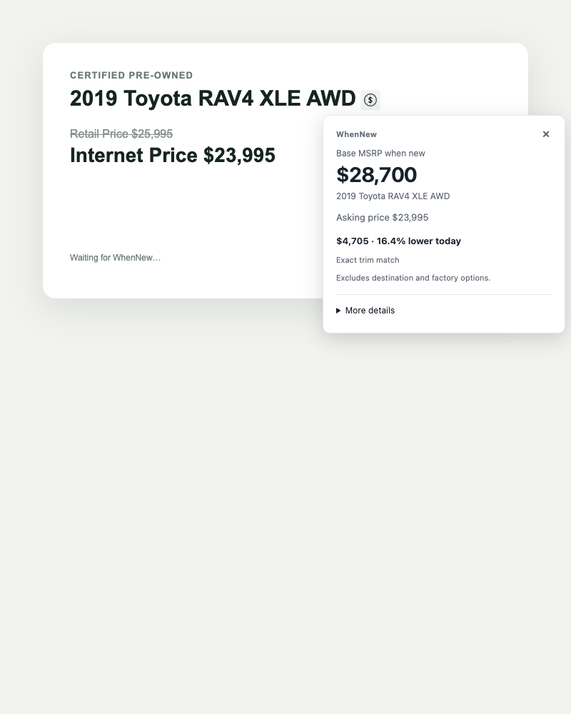 WhenNew extension showing a 2019 Toyota RAV4 XLE AWD listing with original MSRP of $28,700 next to an asking price of $23,995