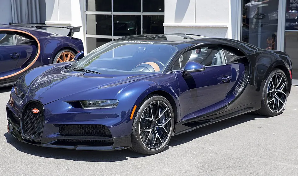 2020 Bugatti Chiron Sport in Nocturne and Atlantic Blue, front left, photographed in United States
