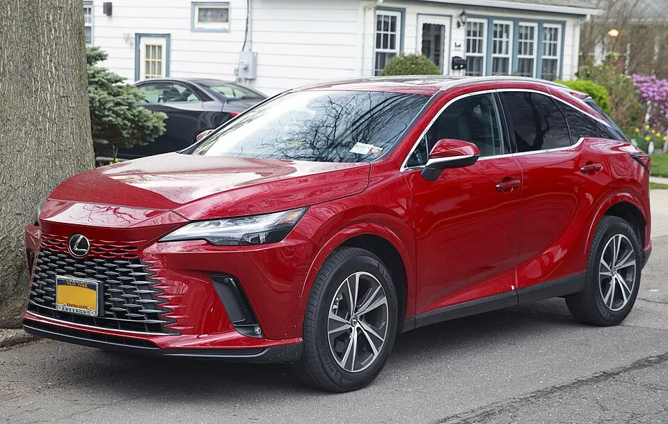 2023 Lexus RX 350 Premium Plus in Matador Red Mica, front left, photographed in United States