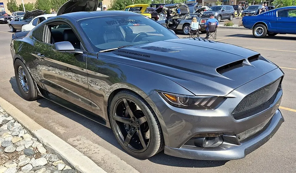 2016 Ford Mustang dragster, Wipple Supercharged, front right side, Coffee & Cars – Littleton 2026-07-04, photographed in United States