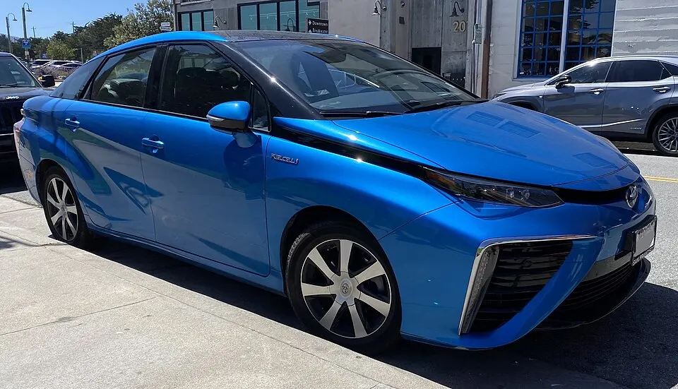 2017 Toyota Mirai in Atmospheric Blue Metallic, front right, 08-13-2022, photographed in United States
