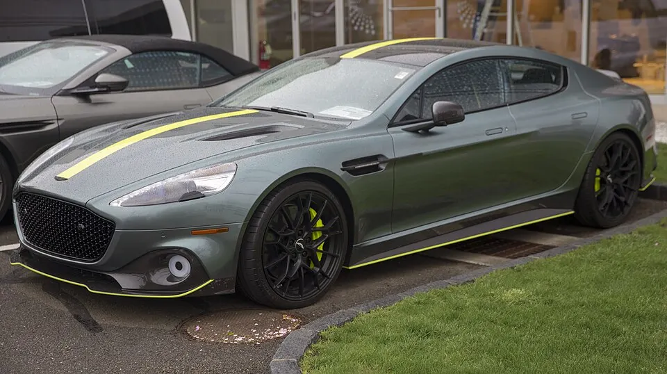 2019 Aston Martin Rapide AMR in Stirling Green, front left, photographed in United States