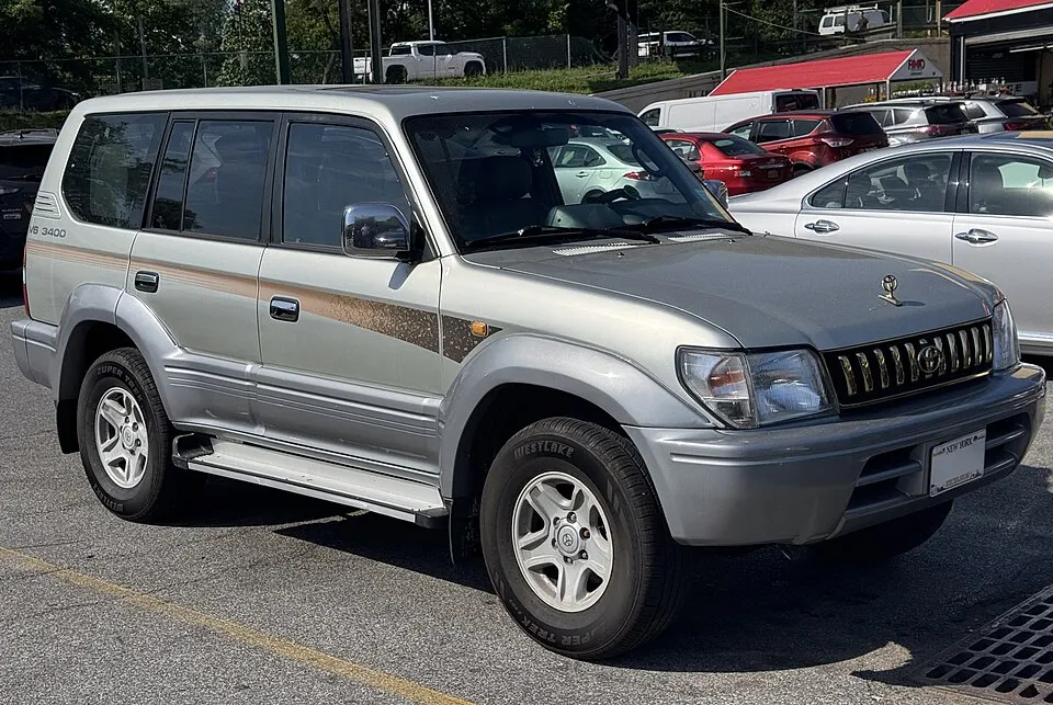 1998 Toyota Land Cruiser Prado VX in Sterling Silver (GCC), front right, photographed in United States