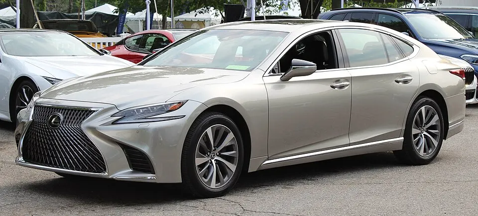 2019 Lexus LS 500 AWD beige, front Hagerty 6.1.19, photographed in United States