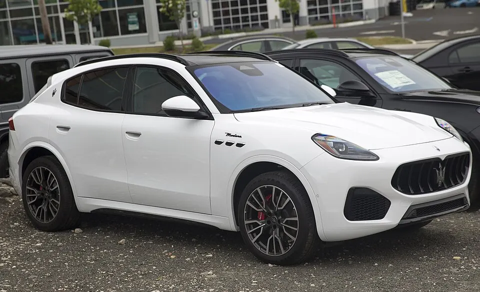 2023 Maserati Grecale Modena in Bianco, front right, photographed in United States