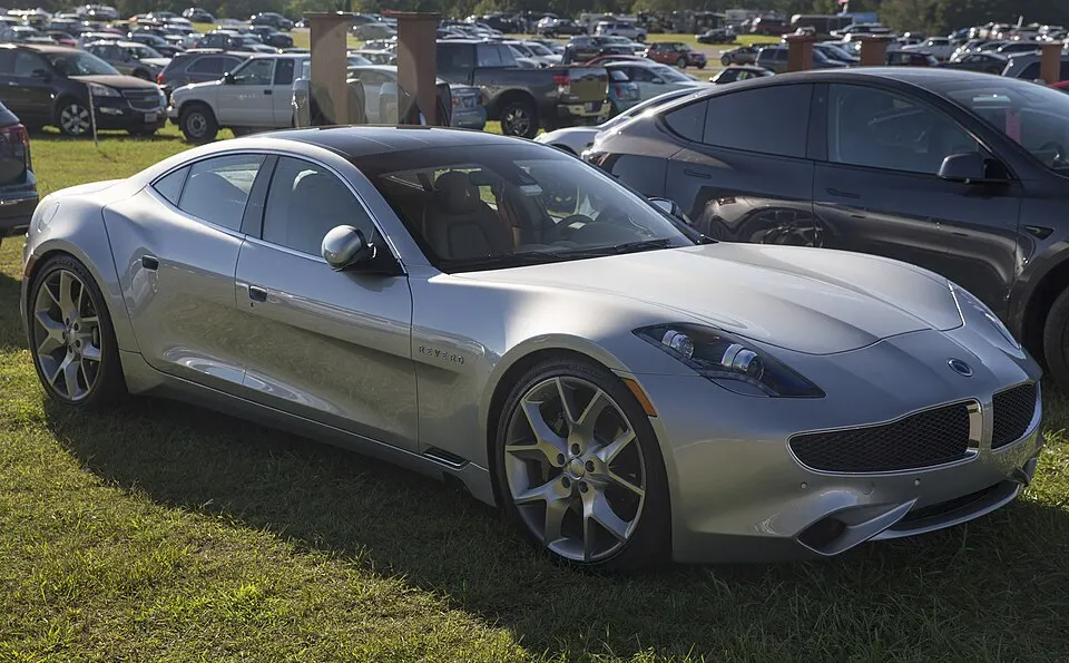 2019 Karma Revero in Silver, front right (Lime Rock), photographed in United States