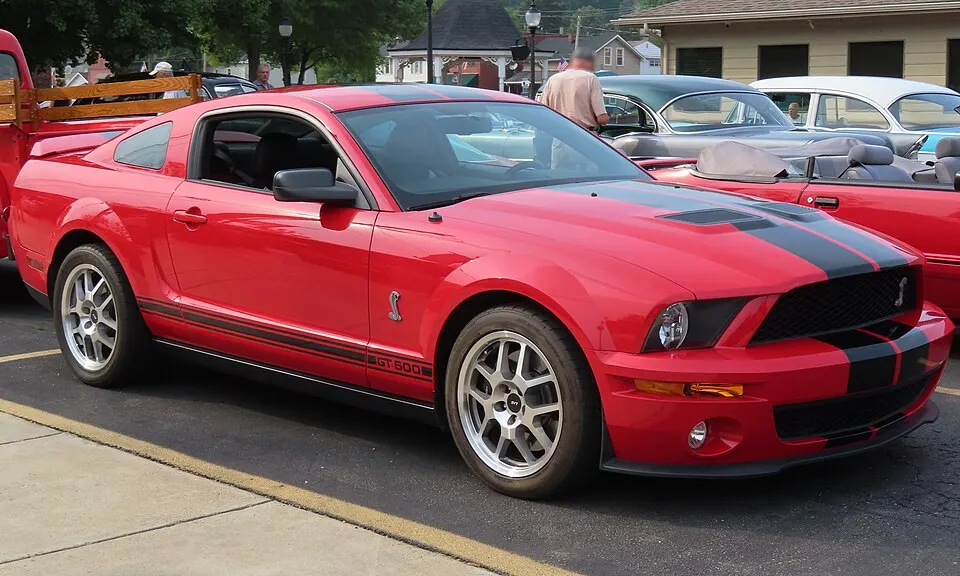 2008 Ford Mustang Shelby GT500 Coupe, front right (Cruisin' the River Lowellville Car Show, June 19th, 2023), photographed in United States