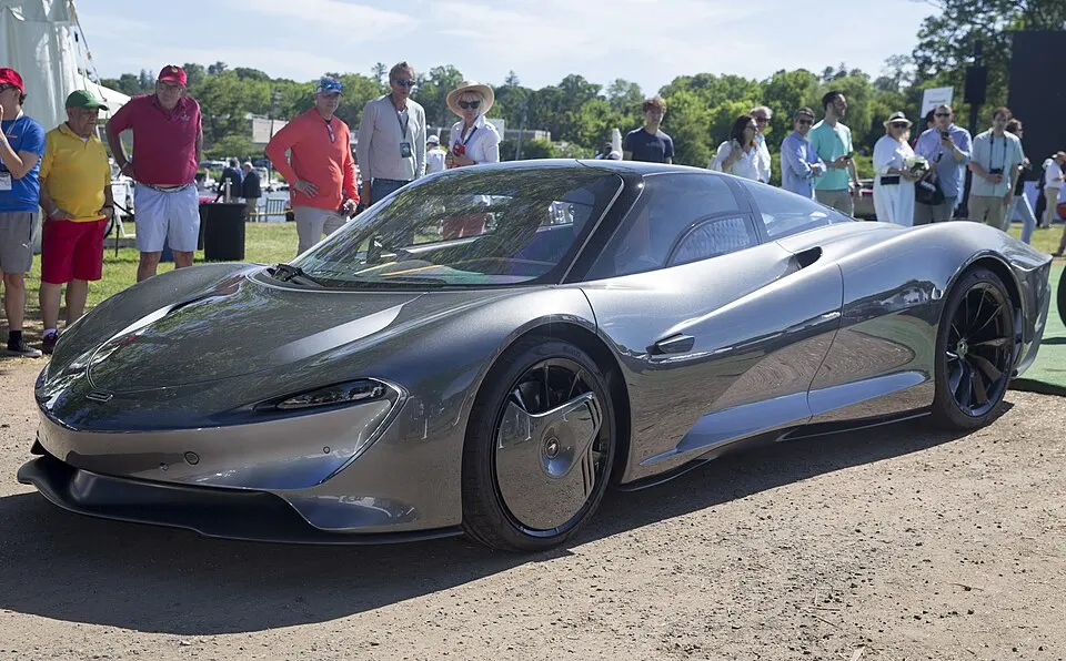 2020 McLaren Speedtail in Kilo Gray, front left (Greenwich 2022), photographed in United States