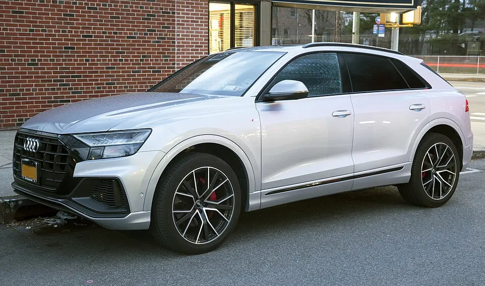 2019 Audi Q8 quattro 3.0T Premium Plus S line in Silver, front left, photographed in United States