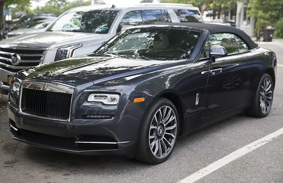 2019 Rolls-Royce Dawn in Darkest Tungsten, front left, photographed in United States