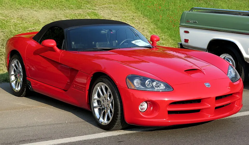 2003 Dodge Viper SRT-10 Roadster in Viper Red, Front Right (St. Ignace 2023), photographed in United States