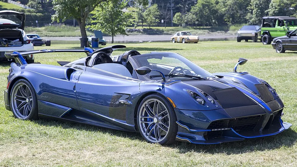 2020 Pagani Huayra Roadster BC in Blue and Carbon Fibre, front right (Greenwich 2024), photographed in United States