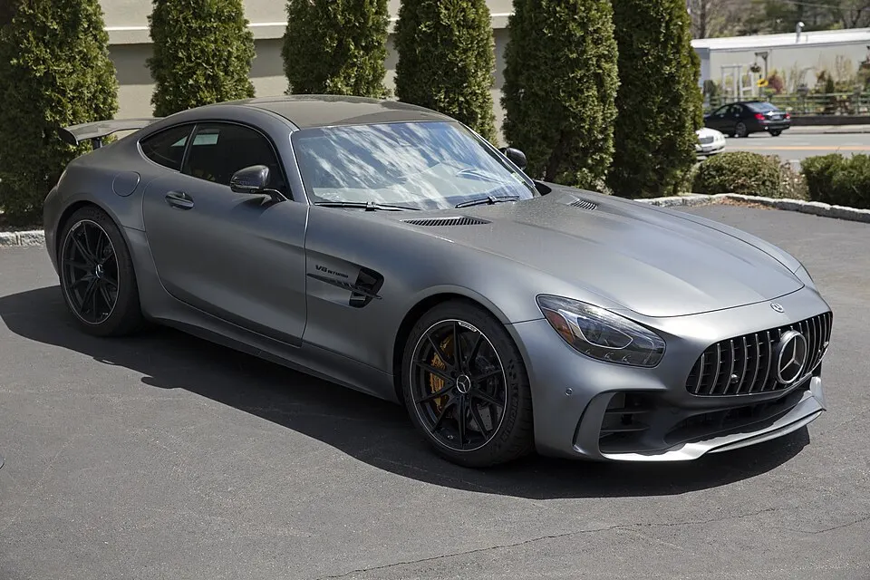 2018 Mercedes-Benz AMG GT-R, designo matte Selenite Grey Magno, front right, photographed in United States